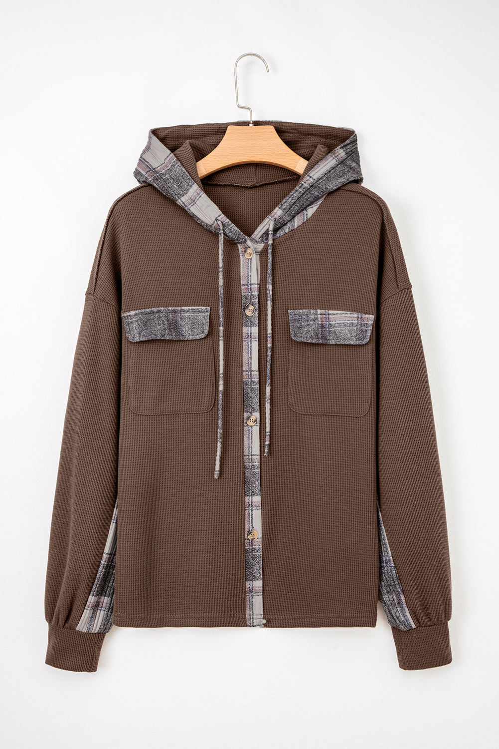 Brown Plaid Patchwork Hooded Shacket With Drawstring Button Down Cozy Winter Outerwear Dear-Lover Dropshipping